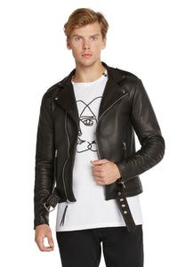 Men's Plain Leather Biker Jacket Black